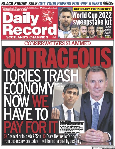Daily Record (UK) Newspaper Front Page for 17 November 2022