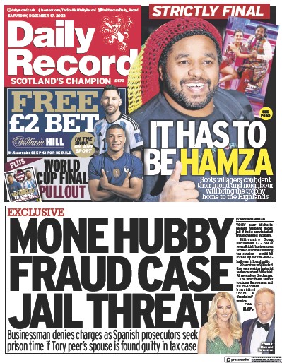 Daily Record Newspaper Front Page for 17 December 2022