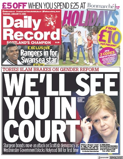 Daily Record (UK) Newspaper Front Page for 17 January 2023