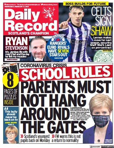 Daily Record (UK) Newspaper Front Page for 17 February 2021