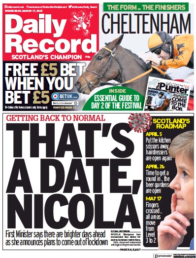 Daily Record (UK) Newspaper Front Page for 17 March 2021