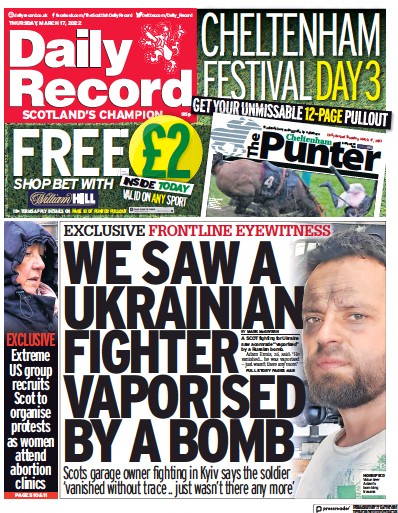 Daily Record Newspaper Front Page for 17 March 2022