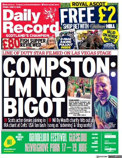 Daily Record (UK) Newspaper Front Page for 17 June 2022