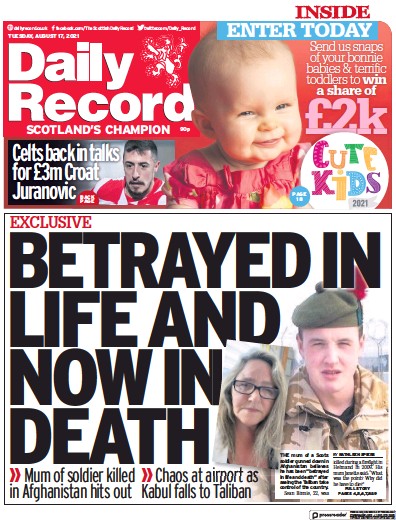 Daily Record (UK) Newspaper Front Page for 17 August 2021
