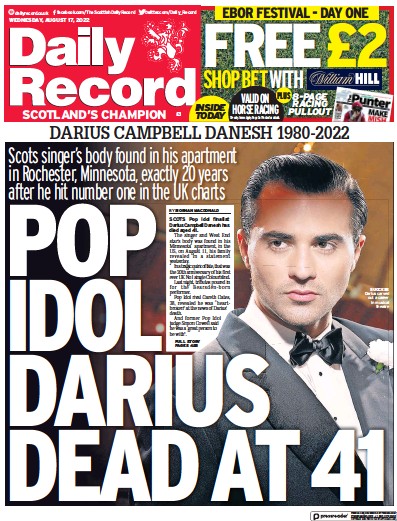 Daily Record (UK) Newspaper Front Page for 17 August 2022