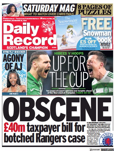 Daily Record (UK) Newspaper Front Page for 18 December 2021