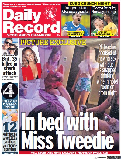 Daily Record Newspaper Front Page for 18 February 2022
