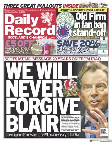 Daily Record (UK) Newspaper Front Page for 18 March 2023
