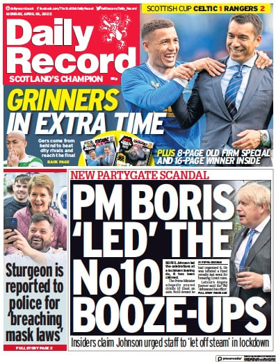 Daily Record Newspaper Front Page for 18 April 2022