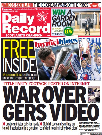 Daily Record Newspaper Front Page for 18 May 2021