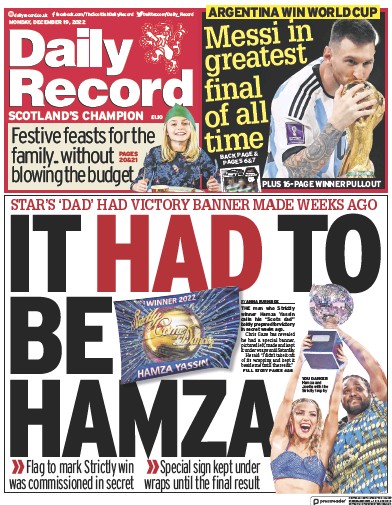 Daily Record Newspaper Front Page for 19 December 2022