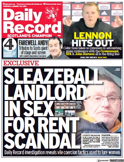 Daily Record Newspaper Front Page for 19 January 2021