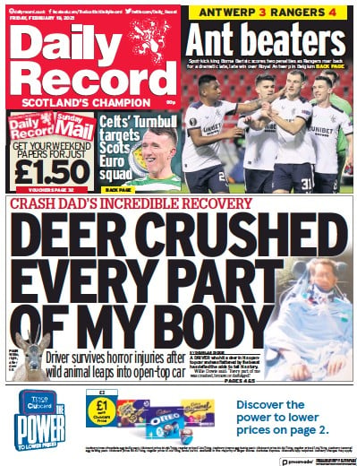 Daily Record Newspaper Front Page for 19 February 2021
