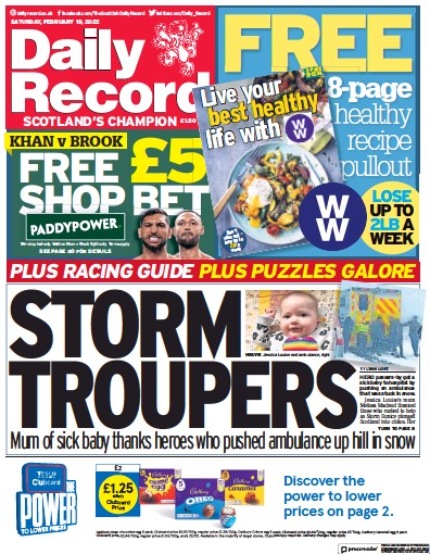 Daily Record Newspaper Front Page for 19 February 2022