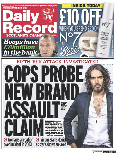 Daily Record (UK) Newspaper Front Page for 19 September 2023