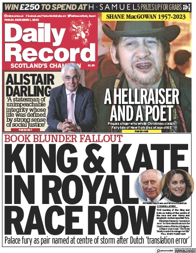 Daily Record (UK) Newspaper Front Page for 1 December 2023