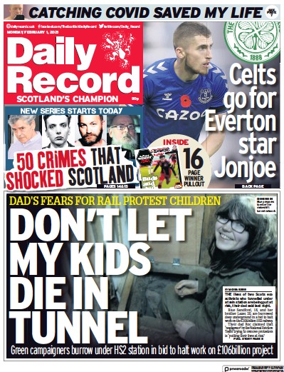 Daily Record (UK) Newspaper Front Page for 1 February 2021