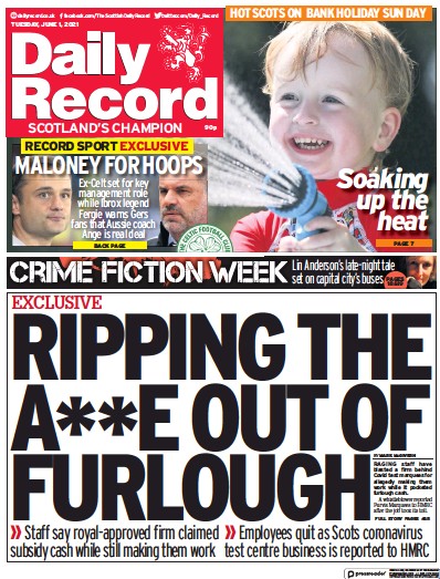 Daily Record (UK) Newspaper Front Page for 1 June 2021