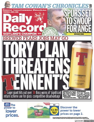 Daily Record (UK) Newspaper Front Page for 1 June 2023