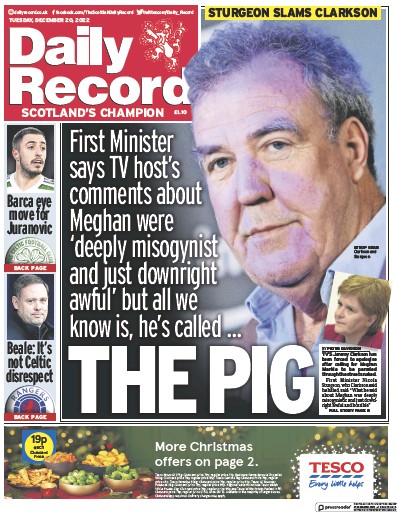 Daily Record Newspaper Front Page for 20 December 2022