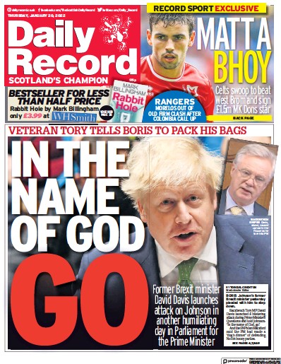 Daily Record (UK) Newspaper Front Page for 20 January 2022