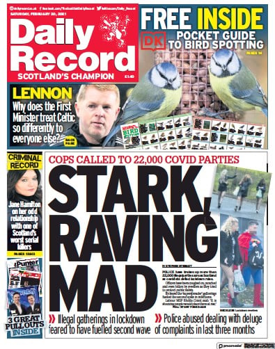 Daily Record Newspaper Front Page for 20 February 2021