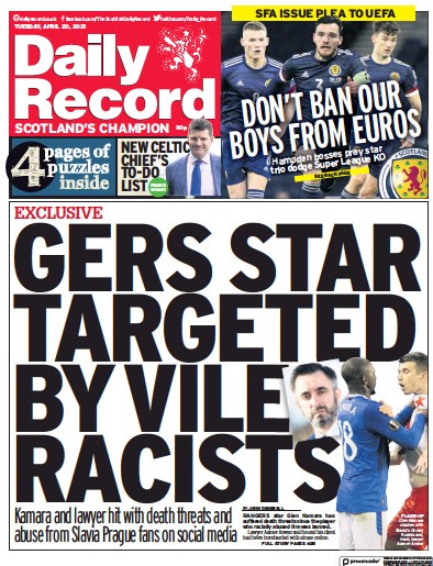 Daily Record (UK) Newspaper Front Page for 20 April 2021