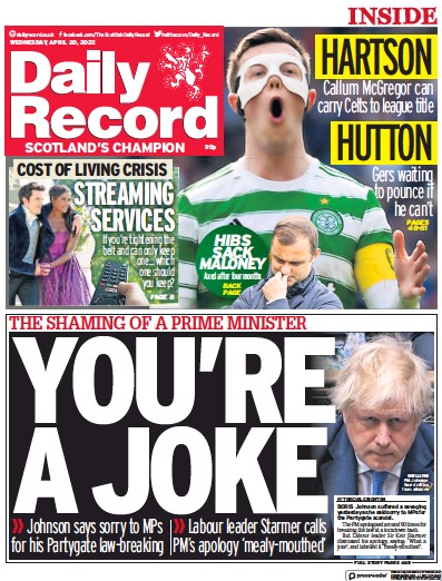 Daily Record Newspaper Front Page for 20 April 2022