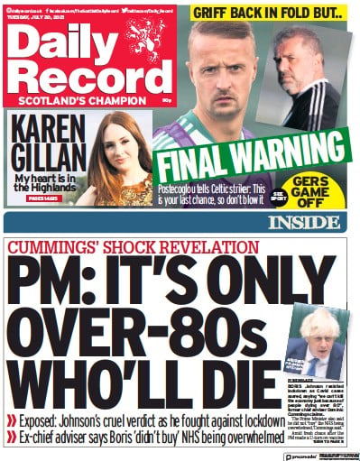 Daily Record (UK) Newspaper Front Page for 20 July 2021