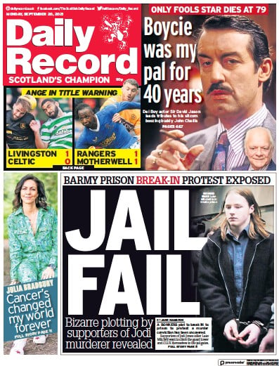 Daily Record (UK) Newspaper Front Page for 20 September 2021