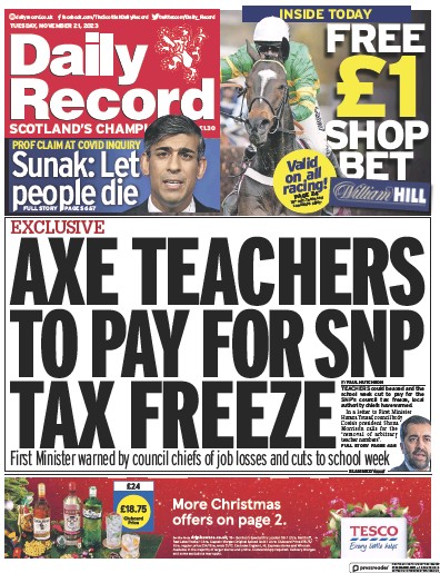 Daily Record (UK) Newspaper Front Page for 21 November 2023