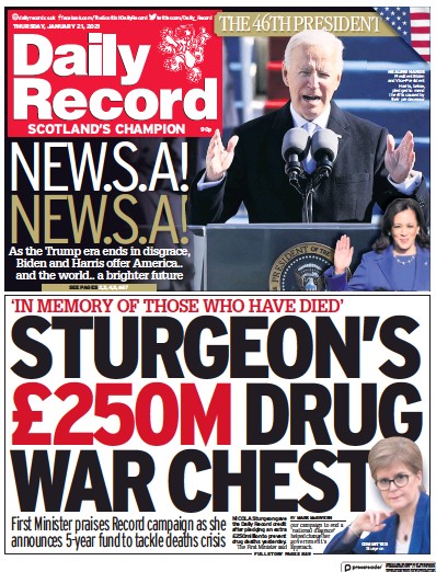 Daily Record Newspaper Front Page for 21 January 2021