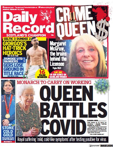 Daily Record Newspaper Front Page for 21 February 2022