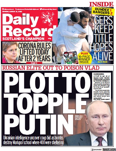 Daily Record Newspaper Front Page for 21 March 2022