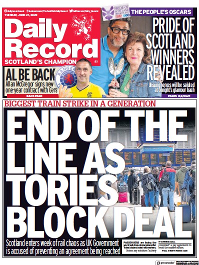 Daily Record (UK) Newspaper Front Page for 21 June 2022