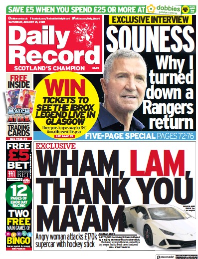 Daily Record (UK) Newspaper Front Page for 21 August 2021