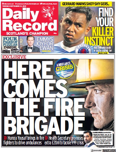 Daily Record (UK) Newspaper Front Page for 21 September 2021