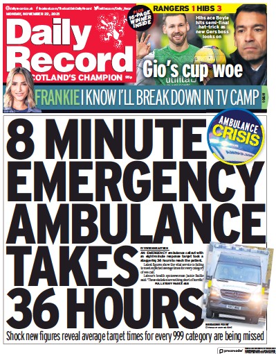 Daily Record (UK) Newspaper Front Page for 22 November 2021