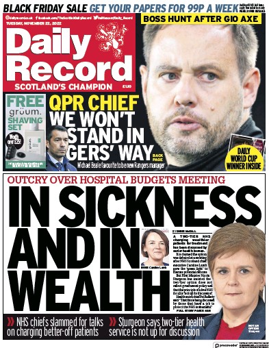 Daily Record (UK) Newspaper Front Page for 22 November 2022