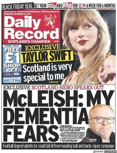 Daily Record (UK) Newspaper Front Page for 22 November 2023