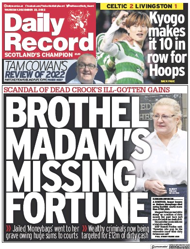 Daily Record Newspaper Front Page for 22 December 2022