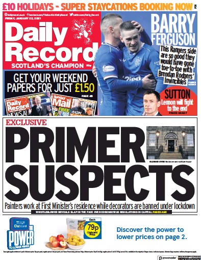 Daily Record Newspaper Front Page for 22 January 2021