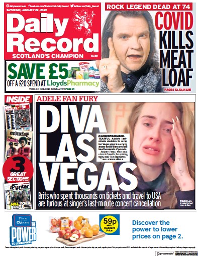 Daily Record (UK) Newspaper Front Page for 22 January 2022