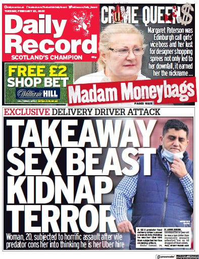 Daily Record Newspaper Front Page for 22 February 2022