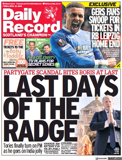 Daily Record Newspaper Front Page for 22 April 2022
