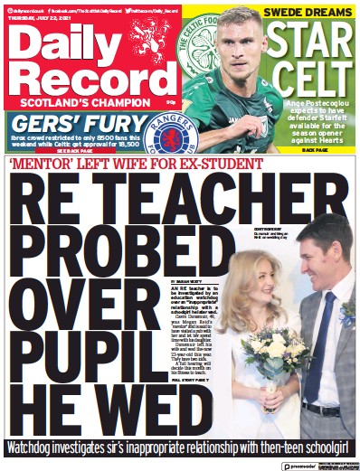 Daily Record (UK) Newspaper Front Page for 22 July 2021