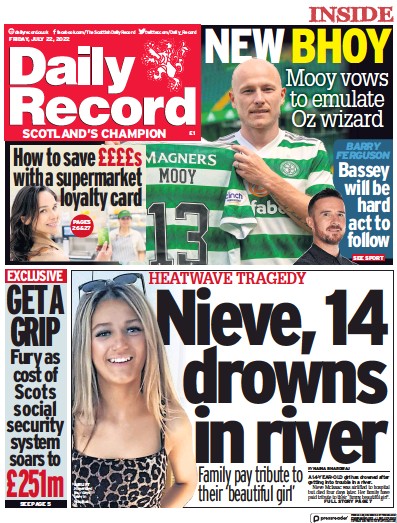 Daily Record Newspaper Front Page for 22 July 2022