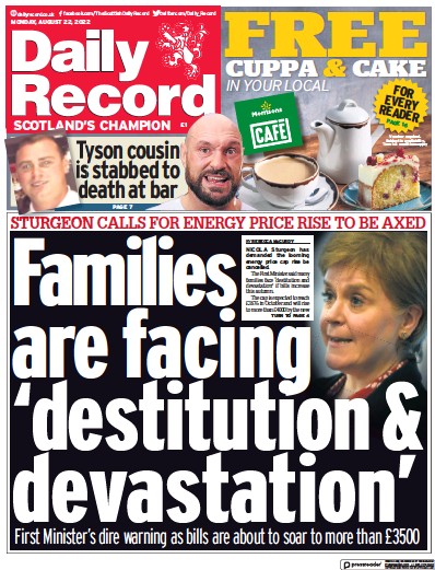 Daily Record (UK) Newspaper Front Page for 22 August 2022