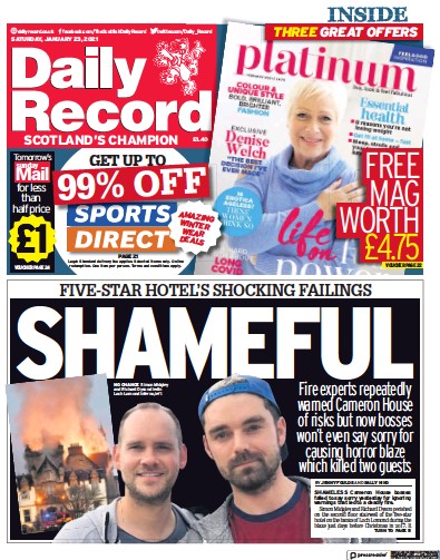 Daily Record Newspaper Front Page for 23 January 2021