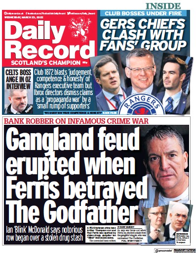 Daily Record Newspaper Front Page for 23 March 2022